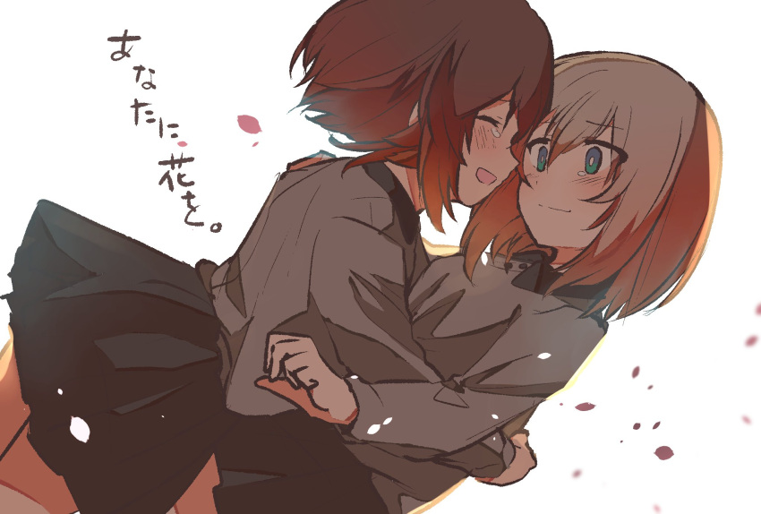 2girls bangs black_skirt blue_eyes blush brown_hair closed_eyes closed_mouth commentary dress_shirt eyebrows_visible_through_hair from_side girls_und_panzer grey_shirt happy highres hug itsumi_erika kuromorimine_school_uniform long_hair long_sleeves looking_at_another miluke miniskirt multiple_girls nishizumi_miho open_mouth petals pleated_skirt school_uniform shirt short_hair silver_hair skirt smile standing tearing_up translated white_background wind yuri