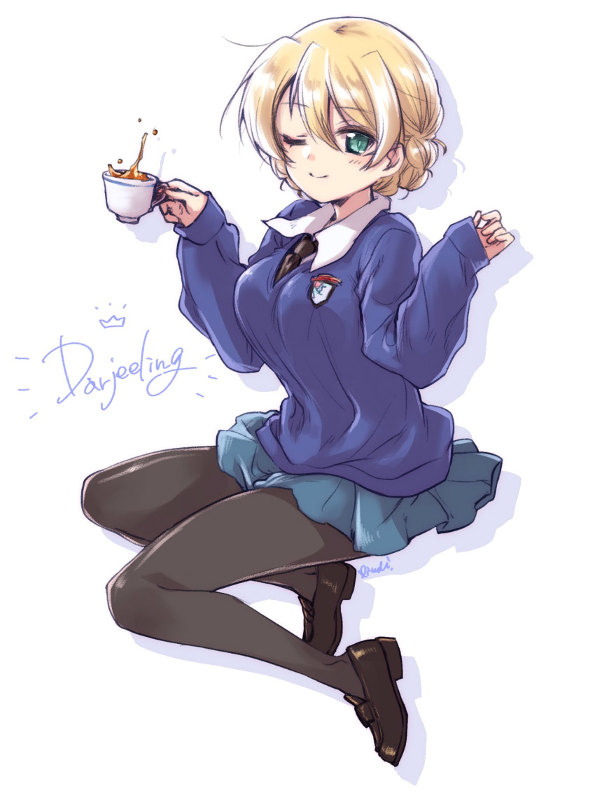 1girl artist_name bangs black_footwear black_legwear black_neckwear blonde_hair blue_eyes blue_skirt blue_sweater braid character_name closed_mouth commentary_request cup darjeeling dress_shirt emblem eyebrows_visible_through_hair floating girls_und_panzer highres holding holding_cup kuroi_mimei legs legs_up loafers long_sleeves looking_at_viewer miniskirt necktie one_eye_closed pantyhose pleated_skirt school_uniform shadow shirt shoes short_hair signature simple_background skirt smile solo spilling st._gloriana's_(emblem) st._gloriana's_school_uniform sweater tea teacup tied_hair twin_braids v-neck w_arms white_background white_shirt wing_collar