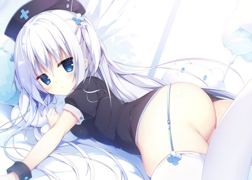 1girl aisu_mint ass bangs black_shirt blue_eyes closed_mouth commentary_request garter_straps hair_ornament hat holding long_hair looking_at_viewer lying muku_(apupop) no_panties nurse nurse_cap on_stomach original shirt short_sleeves sidelocks solo stuffed_toy thigh-highs white_hair white_legwear