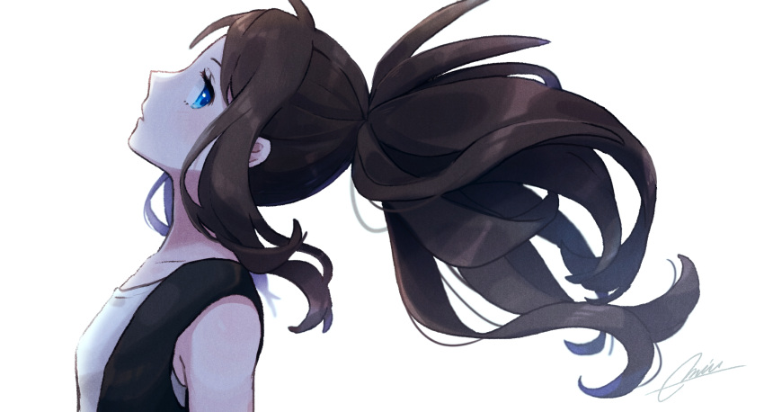 1girl artist_name bangs black_vest blue_eyes blush brown_hair collarbone flat_chest from_side highres light_blush looking_at_viewer looking_to_the_side miu_(miuuu_721) open_mouth pokemon pokemon_(game) pokemon_bw ponytail profile shiny shiny_hair shirt signature simple_background sleeveless sleeveless_shirt solo tied_hair touko_(pokemon) upper_body vest white_background white_shirt