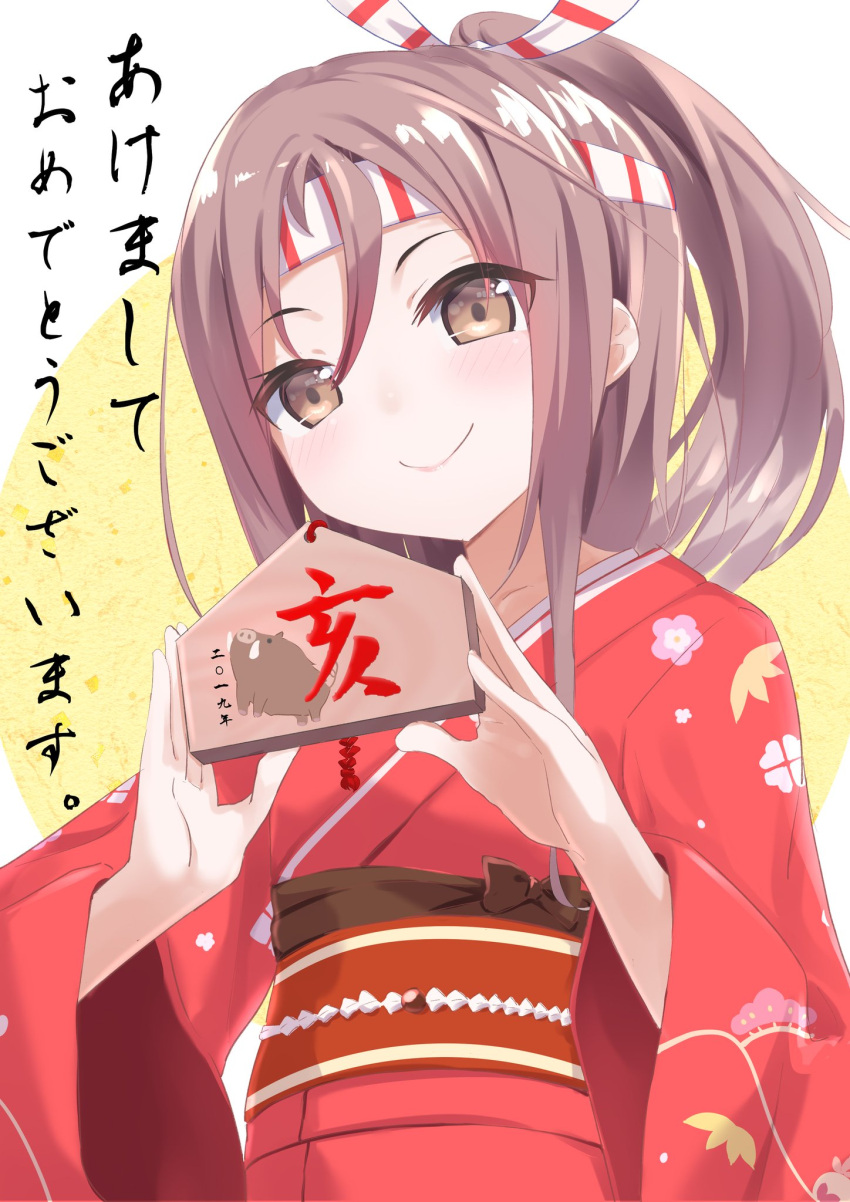 1girl brown_eyes brown_hair chinese_zodiac commentary_request ema gedoo_(gedo) hair_ribbon happy_new_year head_tilt headband high_ponytail highres holding japanese_clothes kantai_collection kimono long_hair long_sleeves looking_at_viewer new_year obi red_kimono ribbon sash smile solo translated upper_body wide_sleeves year_of_the_pig zuihou_(kantai_collection)