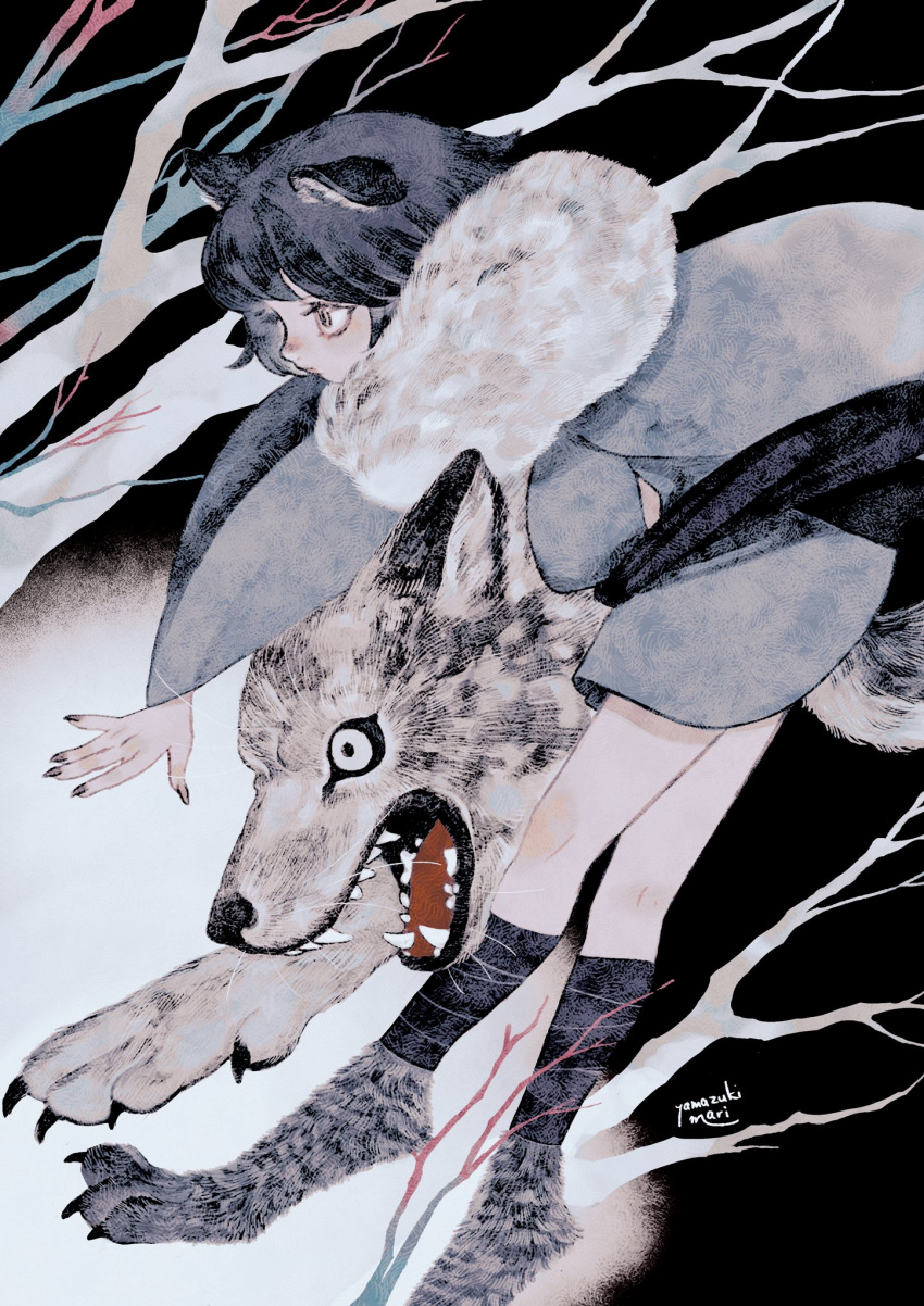 1boy androgynous animal animal_ears animal_feet artist_name bare_tree barefoot black_background black_hair branch claws closed_mouth digitigrade fingernails full_body grey_background grey_eyes grey_hair grey_theme highres japanese_clothes jumping leg_wrap long_sleeves looking_to_the_side multicolored_background neck_fur original pole_mura sharp_fingernails short_hair solo tail tree wide_sleeves wolf wolf_boy wolf_ears wolf_tail