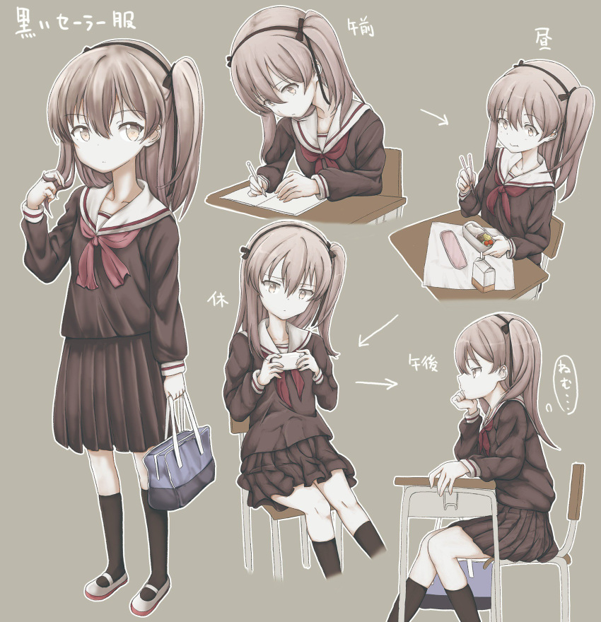 1girl :t alternate_costume bag bangs black_blouse black_legwear black_ribbon black_skirt blouse bored brown_eyes cellphone chin_rest chopsticks closed_mouth commentary cropped_legs desk directional_arrow eating eyebrows_visible_through_hair from_side girls_und_panzer grey_background hair_ribbon hand_in_hair highres holding holding_cellphone holding_chopsticks holding_pencil holding_phone kneehighs light_brown_hair light_frown long_hair long_sleeves looking_at_viewer looking_down medium_skirt milk_carton multiple_views neckerchief no_shoes obentou one_side_up pencil phone pleated_skirt red_neckwear ribbon school_bag school_desk school_uniform serafuku shibagami shimada_arisu shoes sitting skirt smartphone standing translated uwabaki