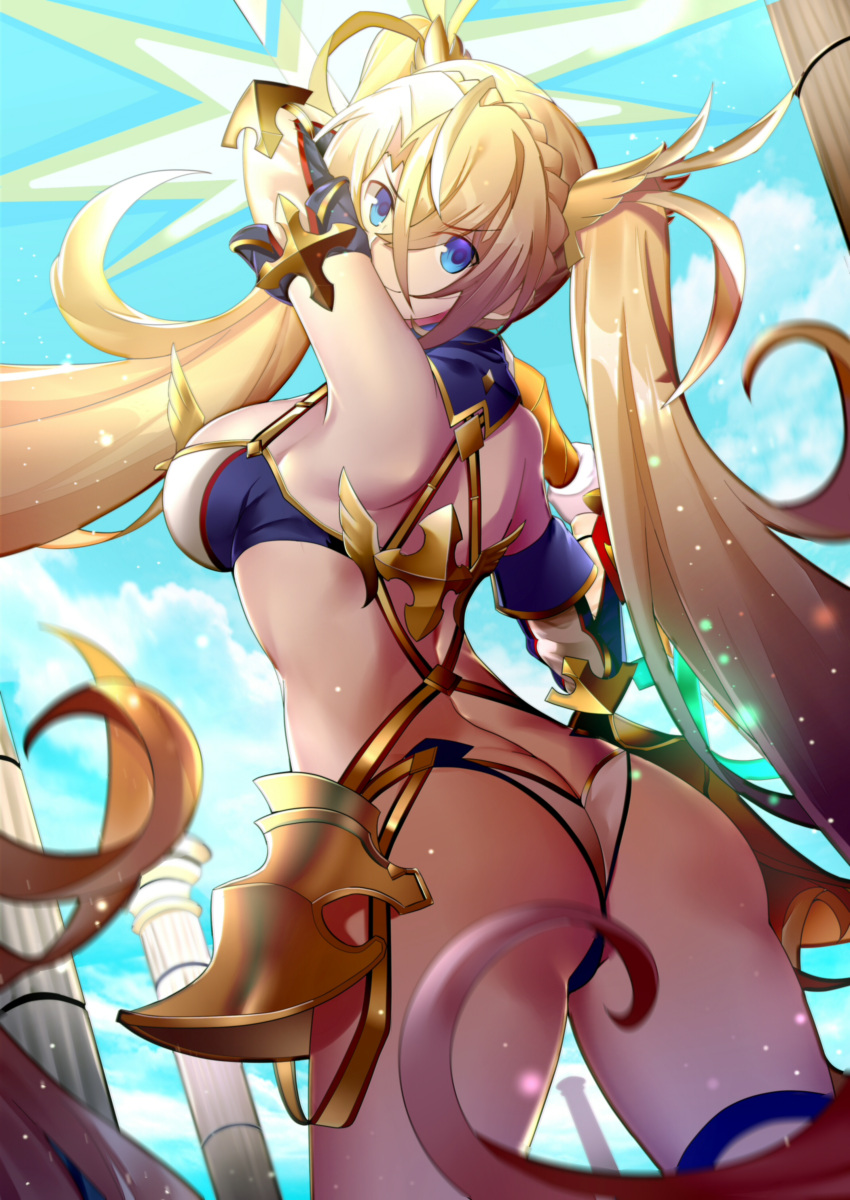 1girl absurdres armor armpits ass back bare_shoulders bikini_armor blonde_hair blue_eyes bradamante_(fate/grand_order) braid breasts detached_sleeves fate/grand_order fate_(series) hair_between_eyes hair_ornament highres long_hair looking_at_viewer paperfinger pillar shield smile solo thigh_strap twintails very_long_hair