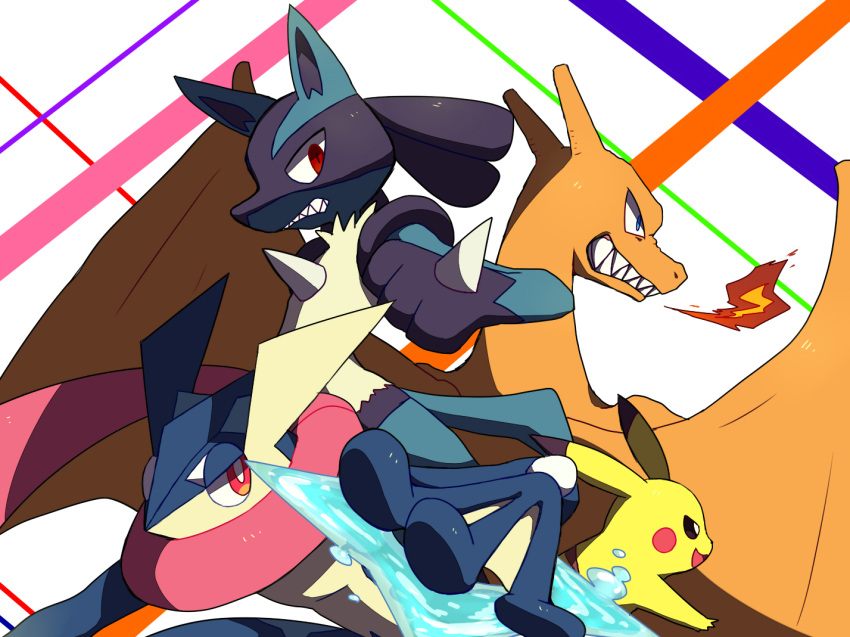 animal_ears black_eyes blue_eyes blush_stickers breathing_fire charizard clenched_teeth dragon fire furry gen_1_pokemon gen_4_pokemon gen_6_pokemon greninja half-closed_eyes hand_up holding holding_weapon long_tongue lucario no_humans open_mouth pikachu pokemon pokemon_(creature) red_eyes sharp_teeth shiwo_(siwosi) shuriken smile standing super_smash_bros. teeth tongue tongue_out water weapon wings wolf_ears
