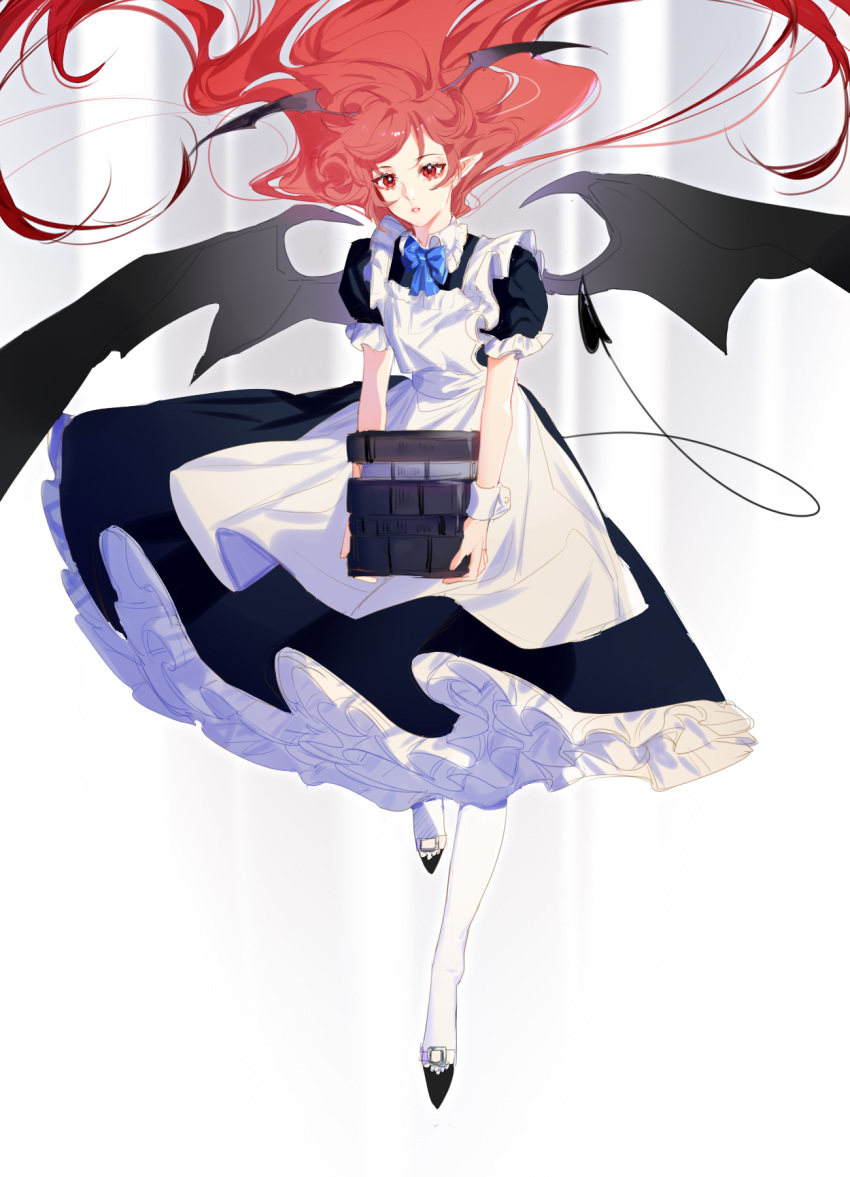 1girl :o abstract_background adapted_costume apron bangs bat_wings black_dress black_footwear blue_bow book book_stack bow bowtie collared_shirt demon_girl demon_tail demon_wings dress expressionless floating floating_hair full_body grey_background head_wings highres holding holding_book koakuma large_wings long_dress long_hair looking_at_viewer maid_apron parted_bangs parted_lips petticoat pointy_ears puffy_sleeves red_eyes redhead shirt solo tail tian_(my_dear) touhou very_long_hair white_background white_legwear wings wrist_cuffs