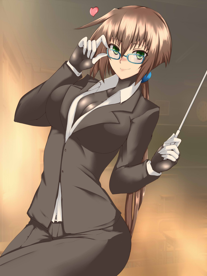 1girl adjusting_eyewear aile alternate_costume bangs black_jacket blue-framed_eyewear bodystocking bodysuit bodysuit_under_clothes breasts brown_hair eyebrows_visible_through_hair formal glasses green_eyes hair_between_eyes heart highres jacket large_breasts long_hair looking_at_viewer office_lady pointer ponytail rockman rockman_zx rockman_zx_advent shirt sitting smile solo suit suit_jacket teacher tgxx3300