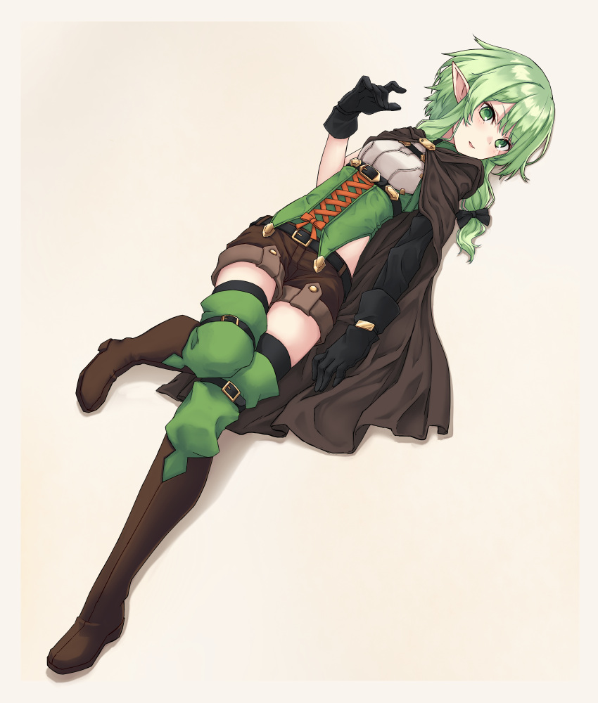 1girl black_gloves black_legwear boots breasts brown_cape brown_footwear brown_shorts cape full_body gloves goblin_slayer! green_eyes green_hair green_legwear grey_background high_elf_archer_(goblin_slayer!) highres knee_boots looking_at_viewer lying namec0 on_back parted_lips pointy_ears short_hair short_shorts shorts simple_background small_breasts solo thigh-highs
