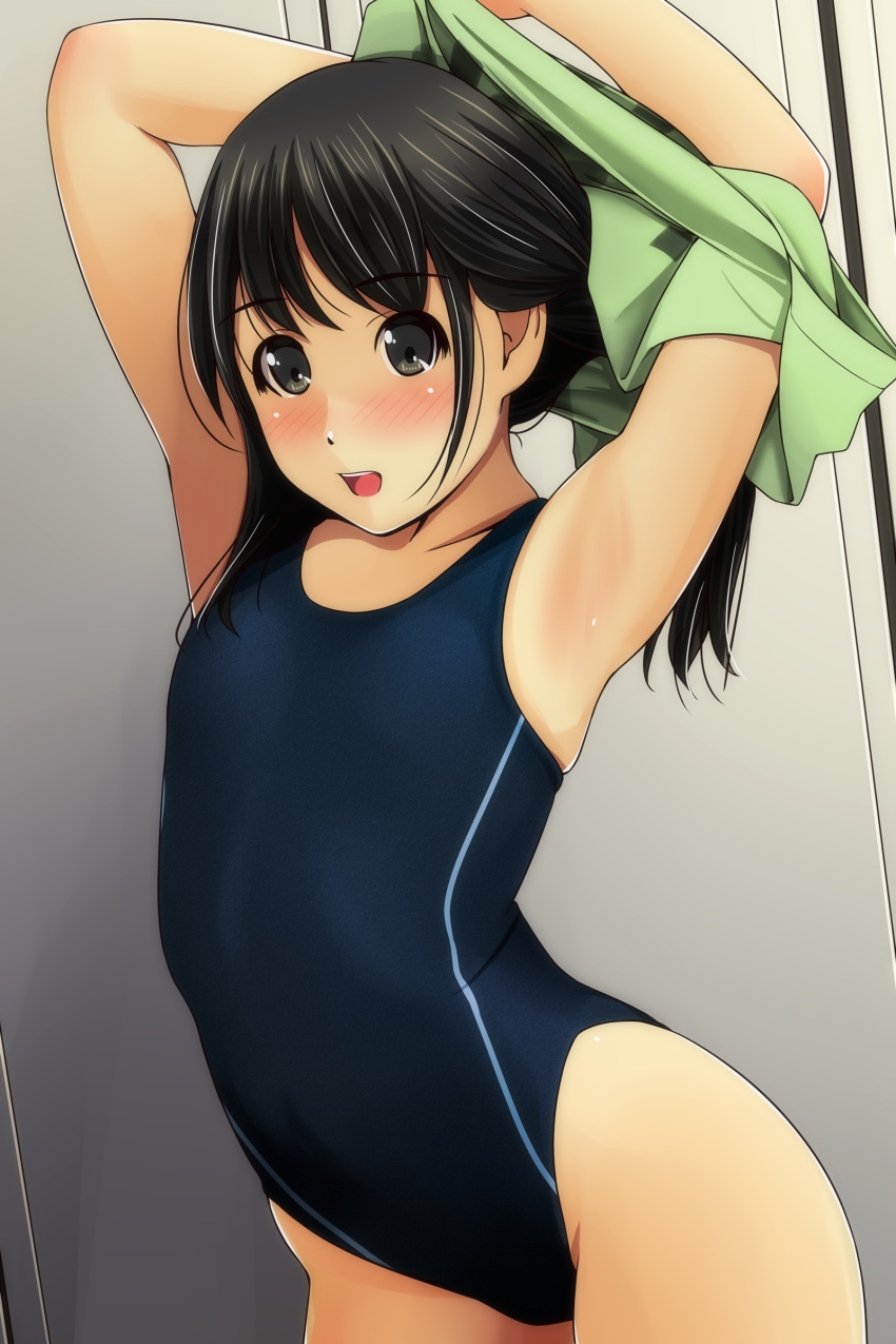 1girl absurdres armpits arms_up bangs bare_shoulders black_hair blue_swimsuit blush brown_eyes collarbone competition_swimsuit eyebrows_visible_through_hair green_shirt highres indoors long_hair looking_at_viewer matsunaga_kouyou nose_blush one-piece_swimsuit open_mouth original shirt sidelocks solo standing swimsuit undressing