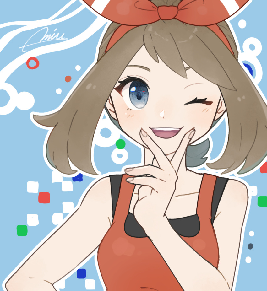 1girl artist_name bangs bare_shoulders blue_background blue_eyes blush breasts brown_hair collarbone happy haruka_(pokemon) highres looking_at_viewer miu_(miuuu_721) one_eye_closed open_mouth outline pokemon pokemon_(game) pokemon_oras red_shirt shirt signature sleeveless sleeveless_shirt small_breasts smile solo teeth upper_body white_outline