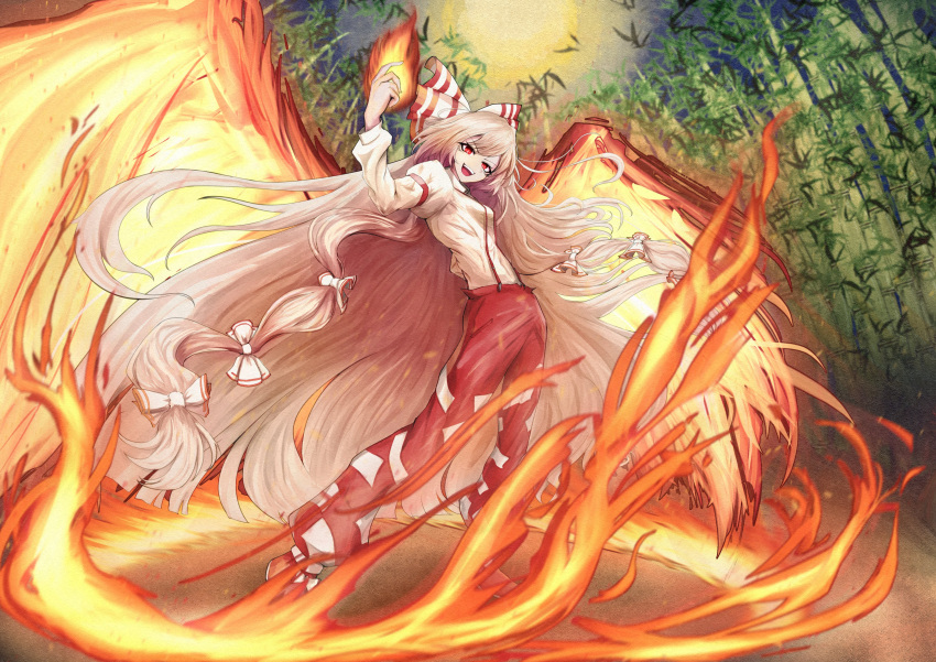 1girl absurdres arm_garter bamboo bamboo_forest bangs bow breasts collared_shirt commentary_request eyelashes fiery_wings fire footwear_bow forest fujiwara_no_mokou full_body full_moon hair_bow hand_on_hip highres leaf long_hair long_sleeves looking_to_the_side mary_janes medium_breasts moon nature night night_sky ofuda ofuda_on_clothes open_mouth pants phoenix_wings puffy_pants pyrokinesis red_bow red_eyes red_footwear red_pants serious shirt shoes sky solo standing suspenders touhou two-tone_bow very_long_hair white_bow white_hair white_shirt wing_collar wings yama_kabosu