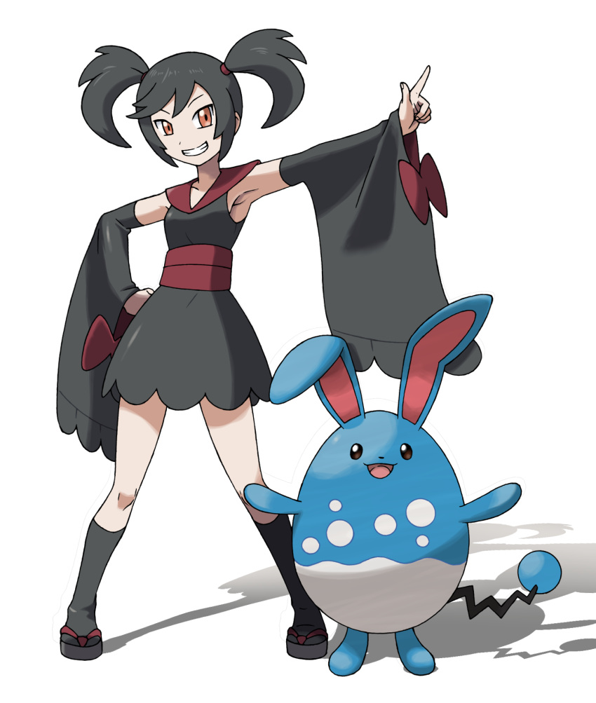 1girl arm_up armpits azumarill bangs black_dress black_hair black_legwear blank_eyes breasts brown_eyes clenched_hand collarbone detached_sleeves dress full_body furisode_girl_(pokemon) furisode_girl_kirika gen_2_pokemon grin hair_tie hand_on_hip happy highres kneehighs looking_at_viewer open_mouth orange_eyes outstretched_arm pointing pokemon pokemon_(creature) pokemon_(game) pokemon_xy red_footwear sandals sash shiny shiny_clothes shiny_hair simple_background sleeveless sleeveless_dress small_breasts smile standing swept_bangs teeth teru_zeta tied_hair twintails white_background