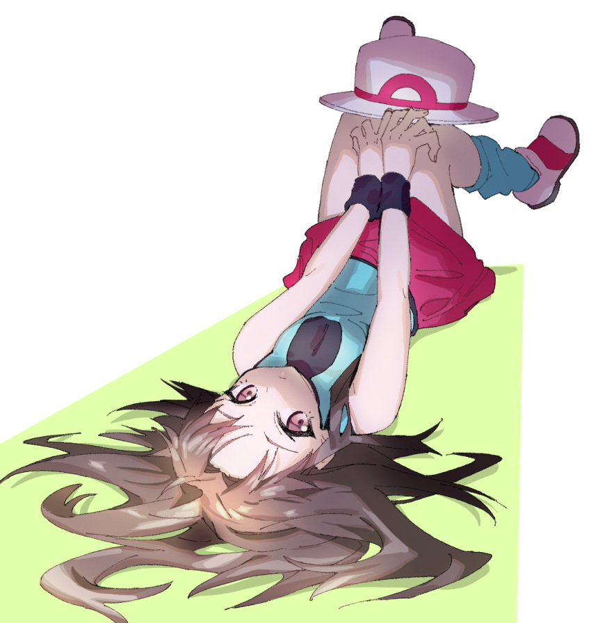 1girl ankea_(a-ramo-do) bare_shoulders blue_(pokemon) blue_legwear blue_shirt breasts brown_eyes brown_hair closed_mouth hands_together hat hat_removed headwear_removed long_hair looking_to_the_side lying miniskirt on_back pokemon pokemon_(game) pokemon_frlg red_skirt shiny shiny_hair shirt shoes simple_background skirt sleeveless sleeveless_shirt small_breasts socks solo two-tone_background upside-down v_arms white_footwear white_headwear wristband