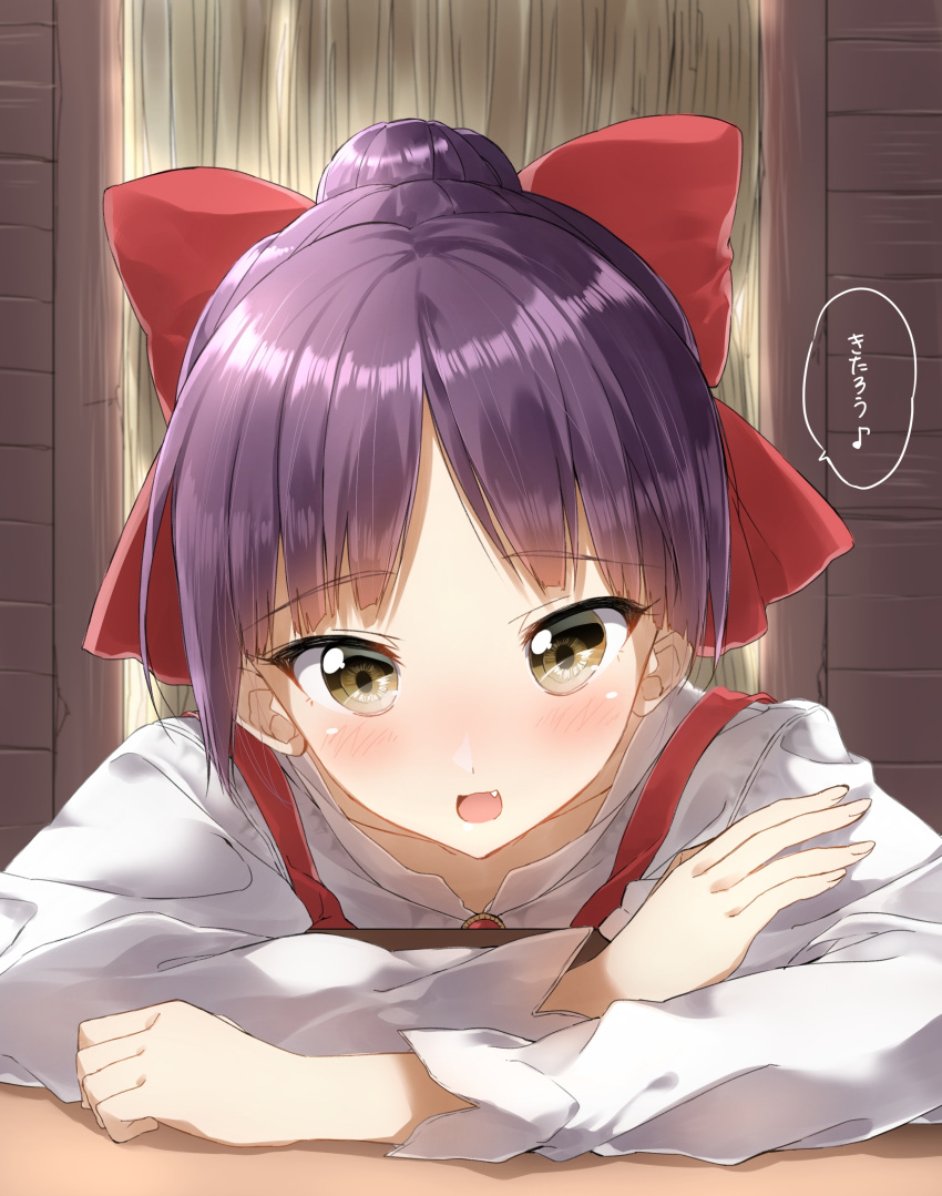 1girl :d absurdres bangs blush bow brown_eyes collarbone commentary_request eyebrows_visible_through_hair fang fingernails gegege_no_kitarou hair_bow high_ponytail highres indoors long_sleeves looking_at_viewer nekomusume nekomusume_(gegege_no_kitarou_6) open_mouth parted_bangs pentagon_(railgun_ky1206) ponytail purple_hair red_bow shirt smile solo translated upper_body white_shirt