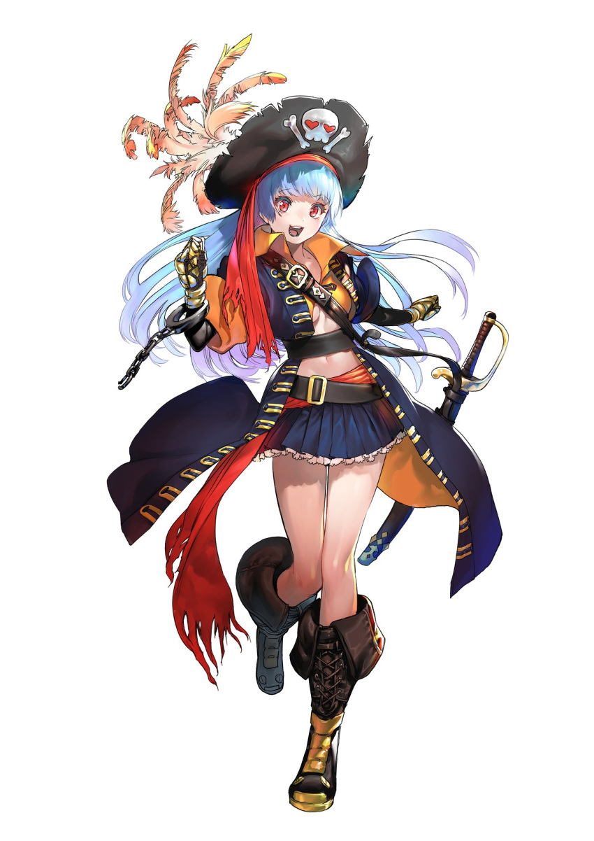 1girl azuma_kyoutarou_(artist) blue_hair boots feathers full_body hat highres jacket kula_diamond long_hair miniskirt pirate pirate_hat red_eyes skirt skull_and_crossbones snk snk_heroines:_tag_team_frenzy solo sword the_king_of_fighters weapon