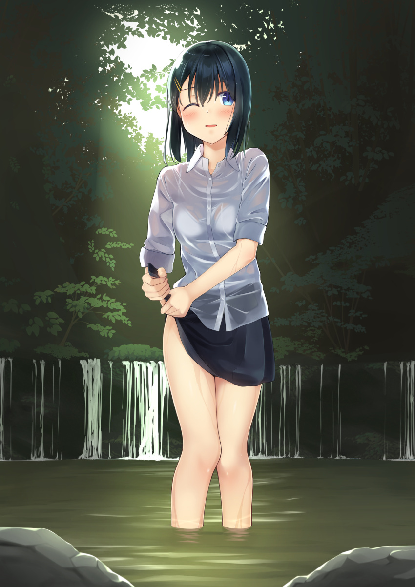 1girl absurdres apollo_(hu_maple) bangs black_hair black_skirt blue_eyes blush bra bralines dress_shirt hair_ornament hairclip highres light_rays looking_at_viewer nature one_eye_closed original outdoors parted_lips see-through self_upload shirt skirt solo standing sunlight thighs underwear wading wet wet_clothes wet_hair wet_shirt white_shirt wringing_clothes