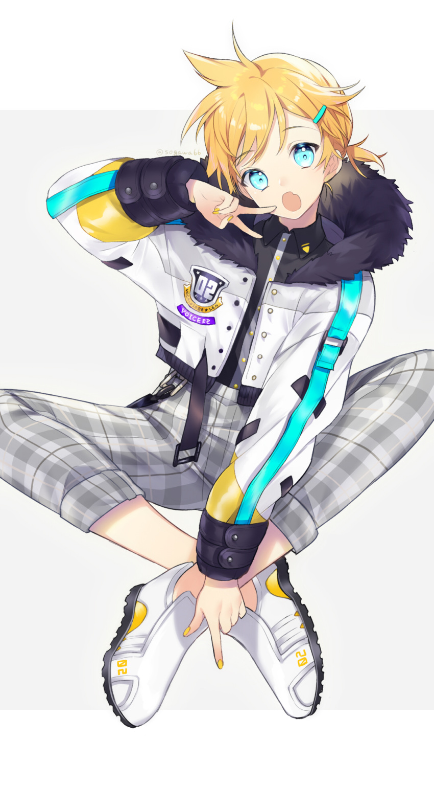 1boy :o bangs black_shirt blonde_hair blue_eyes character_name collared_shirt copyright_name crossed_ankles dress_shirt eyebrows_visible_through_hair fang fingernails fur-trimmed_jacket fur_trim grey_background grey_pants hair_ornament hairclip head_tilt highres jacket kagamine_len long_sleeves looking_at_viewer male_focus open_clothes open_jacket open_mouth pants plaid plaid_pants puffy_long_sleeves puffy_sleeves shirt shoes sitting sogawa solo twitter_username two-tone_background v vocaloid white_background white_footwear white_jacket yellow_nails