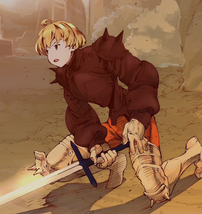 1boy armor armored_boots blonde_hair boots building bush commentary_request final_fantasy final_fantasy_tactics gauntlets highres holding holding_sword holding_weapon nanpou_(nanpou0021) one_knee open_mouth outdoors ramza_beoulve shadow short_hair solo sword weapon