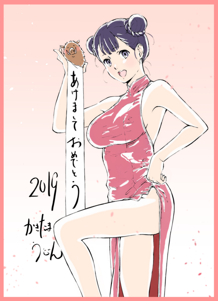 1girl 2019 :d absurdres akeome alternate_hairstyle animal arm_up armpit_peek artist_name backless_dress backless_outfit bangs bare_shoulders blush boar border braid braided_bun breasts china_dress chinese_clothes chinese_zodiac commentary cowboy_shot double_bun dress eyebrows_visible_through_hair foot_out_of_frame gradient gradient_background hair_bun hand_on_hip happy_new_year highres holding holding_animal jijo_(kakitama) kakitama large_breasts leg_up looking_at_viewer new_year open_mouth original pelvic_curtain petals pink_background pink_border pink_dress purple_hair shiny shiny_hair short_hair side_slit sideboob skin_tight sleeveless sleeveless_dress smile solo standing standing_on_one_leg tareme thighs translated upper_teeth violet_eyes year_of_the_pig