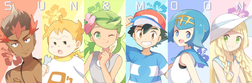 3boys 3girls adjusting_headwear arm_up artist_name bangs bare_shoulders baseball_cap black_eyes black_hair blonde_hair blue_eyes blue_hair blue_sailor_collar blue_shirt blush_stickers braid brown_eyes brown_hair chest closed_mouth collarbone copyright_name dark_skin dark_skinned_male dress flat_chest flower green_hair green_hairband grin hair_flower hair_ornament hairband half-closed_eyes hand_up hands_together hands_up hat holding jpeg_artifacts kaki_(pokemon) lillie_(pokemon) long_hair looking_at_viewer mamane_(pokemon) mallow_(pokemon) mei_(maysroom) multicolored_hair multiple_boys multiple_girls open_mouth overalls pink_flower pointing pointing_up pokemon pokemon_(anime) pokemon_sm_(anime) red_headwear redhead sailor_collar satoshi_(pokemon) shirt shirtless short_hair short_sleeves signature sleeveless sleeveless_dress sleeveless_shirt smile striped striped_shirt suiren_(pokemon) sun_hat teeth tied_hair twin_braids twintails two-tone_hair upper_body white_dress white_headwear white_shirt wrench yellow_hairband