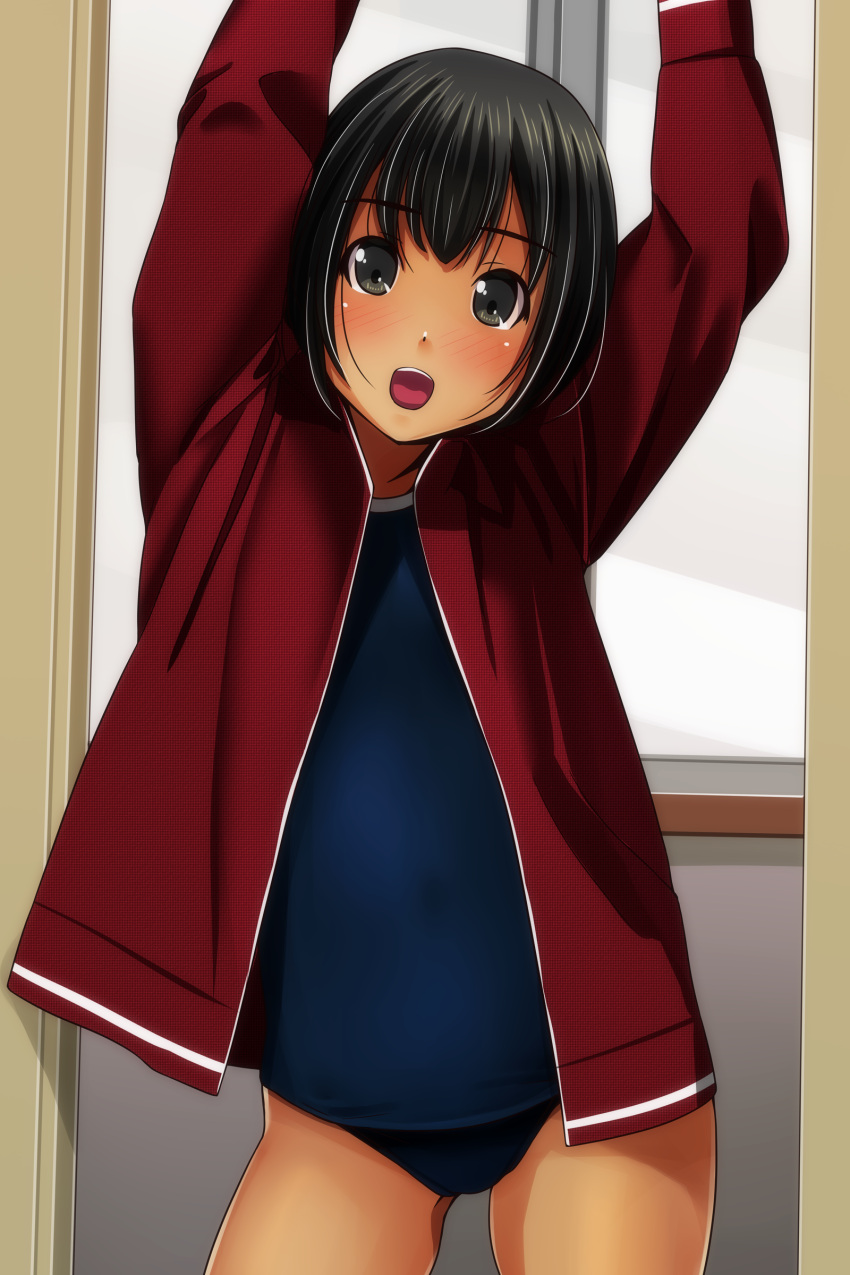 1girl absurdres ass_visible_through_thighs bangs black_hair blue_swimsuit blush brown_eyes contrapposto eyebrows_visible_through_hair head_tilt highres indoors jacket long_sleeves matsunaga_kouyou nose_blush one-piece_swimsuit open_clothes open_jacket open_mouth original red_jacket school_swimsuit short_hair solo standing swimsuit track_jacket