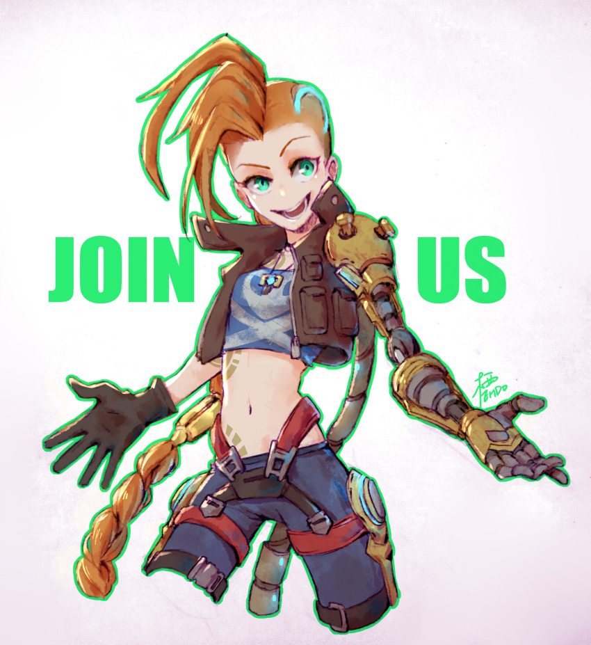 1girl belt belt_buckle braid buckle collar ehdogreen gloves glowing green_eyes highres jacket jewelry jinx_(league_of_legends) league_of_legends long_hair mechanical_arm mohawk navel necklace odyssey_jinx open_hands open_mouth orange_hair outline signature smile tattoo very_long_hair zipper