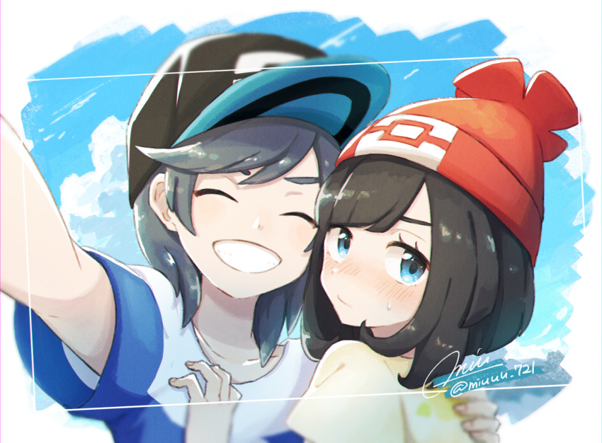 1boy 1girl arm_up artist_name bangs baseball_cap beanie black_hair black_headwear blue_eyes blue_shirt blue_sky blush closed_eyes closed_mouth clouds collarbone day embarrassed fingernails floral_print grey_hair grin half-closed_eyes hand_on_another's_chest hand_up happy hat highres hug light_blush looking_at_viewer miu_(miuuu_721) mizuki_(pokemon) nose_blush outdoors outstretched_arm poke_ball_symbol poke_ball_theme pokemon pokemon_(game) pokemon_sm red_headwear self_shot shiny shiny_hair shirt short_sleeves shy signature sky smile striped striped_shirt sweat swept_bangs teeth twitter_username upper_body yellow_shirt you_(pokemon)