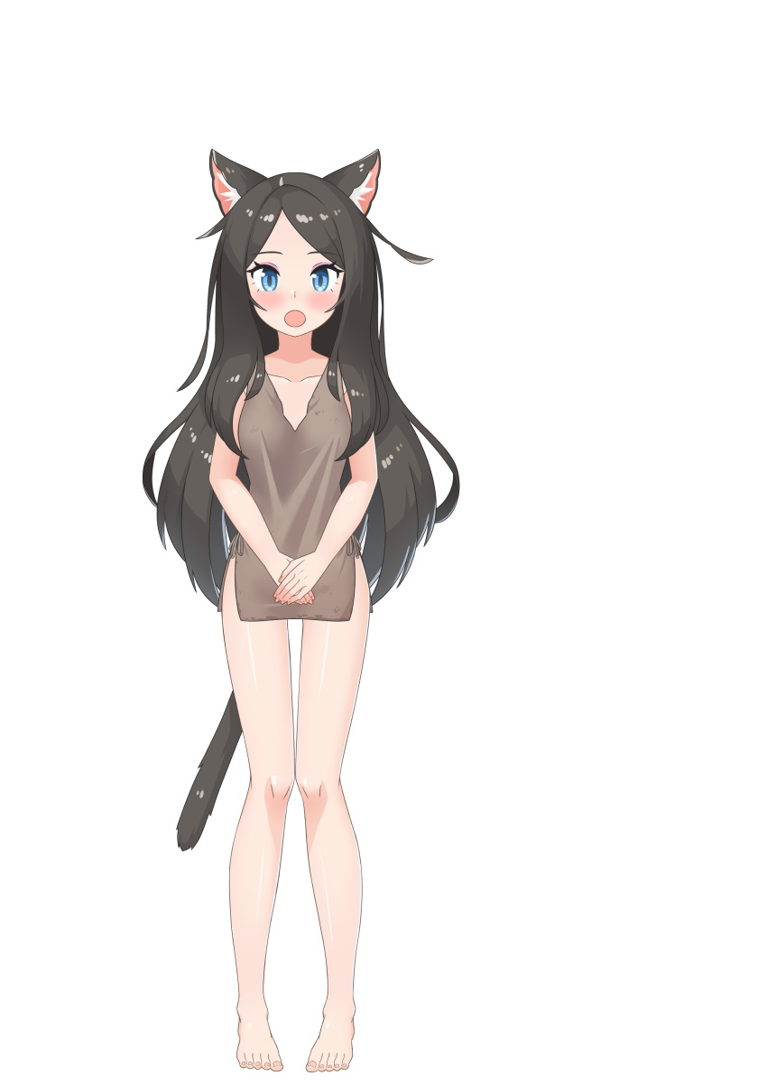 1girl absurdres animal_ears barefoot black_hair blue_eyes brown_shirt cat_ears cat_tail commentary_request full_body hands_together highres long_hair nekoze_(s22834712) no_pants open_mouth original shirt simple_background solo tail thigh_gap toes tu_ya_(nekoze) white_background