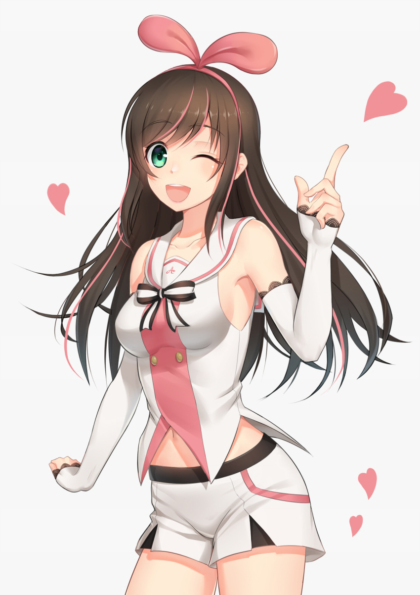 1girl ;d a.i._channel anarchojs bangs brown_hair cowboy_shot detached_sleeves floating_hair green_eyes hairband heart highlights highres index_finger_raised kizuna_ai long_hair long_sleeves looking_at_viewer midriff multicolored_hair navel one_eye_closed open_mouth pink_hairband shirt short_shorts shorts simple_background sleeveless sleeveless_shirt smile solo standing stomach striped striped_neckwear swept_bangs very_long_hair virtual_youtuber white_background white_shorts white_sleeves
