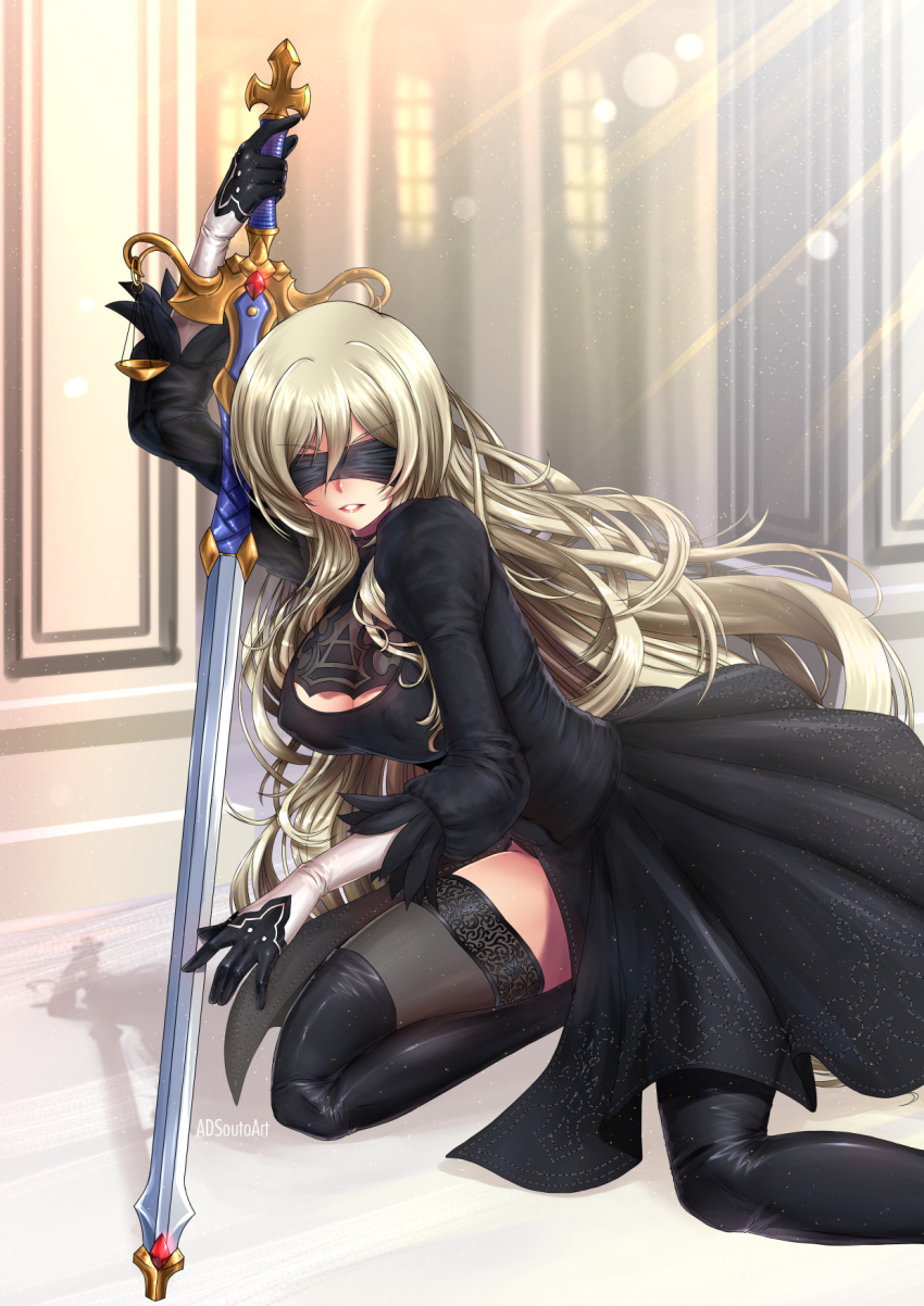 1girl adsouto back_cutout black_blindfold black_dress black_hairband blindfold blonde_hair blush boots breasts cleavage_cutout covered_eyes dress feather-trimmed_sleeves gloves goblin_slayer! hairband high_heel_boots high_heels highres holding holding_sword holding_weapon juliet_sleeves large_breasts leather leather_boots long_hair long_sleeves nier_(series) nier_automata puffy_sleeves smile solo sword sword_maiden thigh-highs thigh_boots thighhighs_under_boots vambraces very_long_hair weapon yorha_no._2_type_b