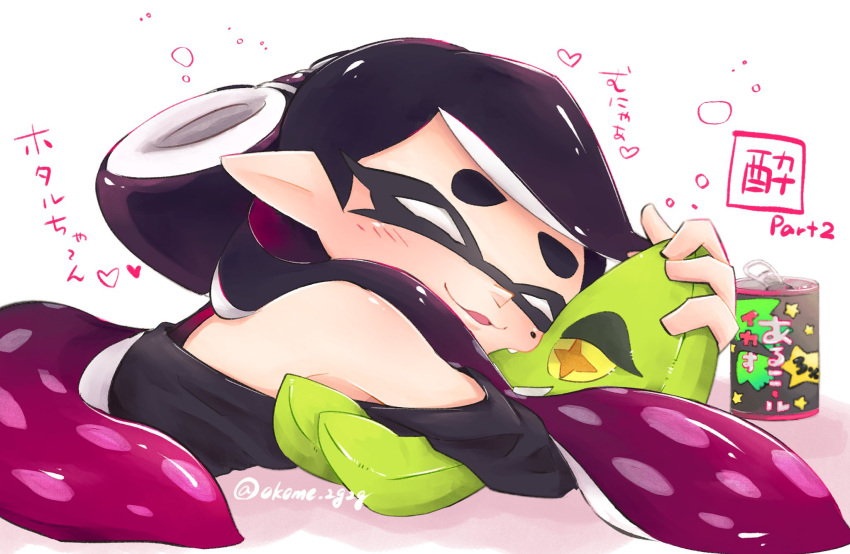 1girl alcohol aori_(splatoon) black_hair black_shirt blush bubble can character_doll commentary domino_mask drunk facing_viewer gradient_hair heart highres holding holding_stuffed_animal hotaru_(splatoon) long_hair lying mask mole mole_under_eye multicolored_hair object_hug off_shoulder okome_2g2g on_stomach parted_lips pointy_ears purple_hair shirt short_sleeves sleeping smile soda_can solo splatoon_(series) splatoon_1 squid stuffed_animal stuffed_squid stuffed_toy tentacles translated twitter_username watermark