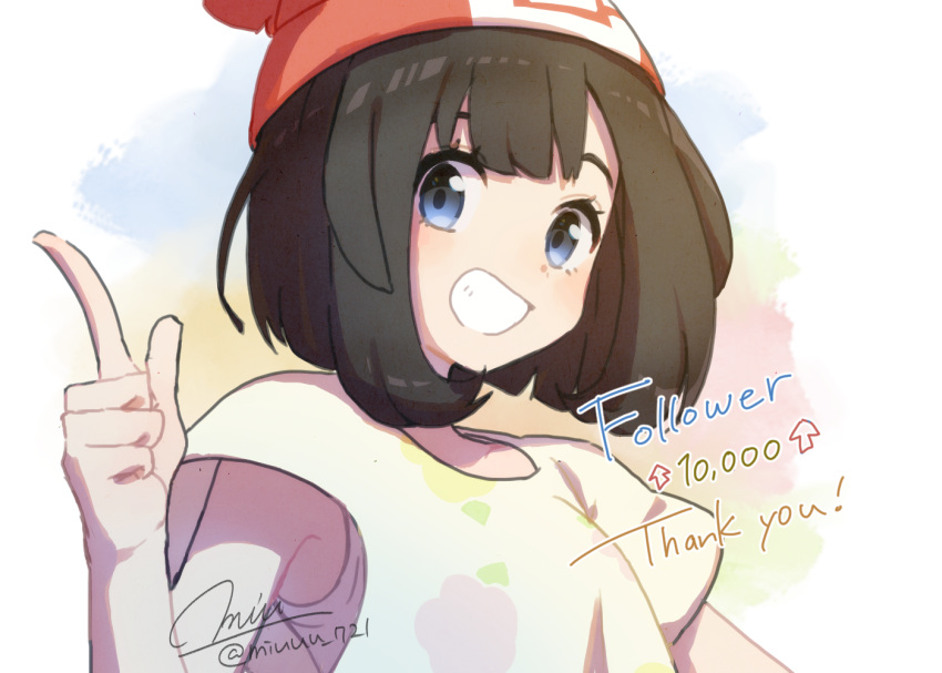 1girl artist_name bangs beanie black_hair blue_eyes blush collarbone directional_arrow english_text flat_chest floral_print followers grin hand_up happy hat looking_at_viewer miu_(miuuu_721) mizuki_(pokemon) number pointing pointing_up poke_ball_theme pokemon pokemon_(game) pokemon_sm red_headwear shiny shiny_hair shirt short_hair short_sleeves signature smile solo teeth twitter_username undershirt upper_body