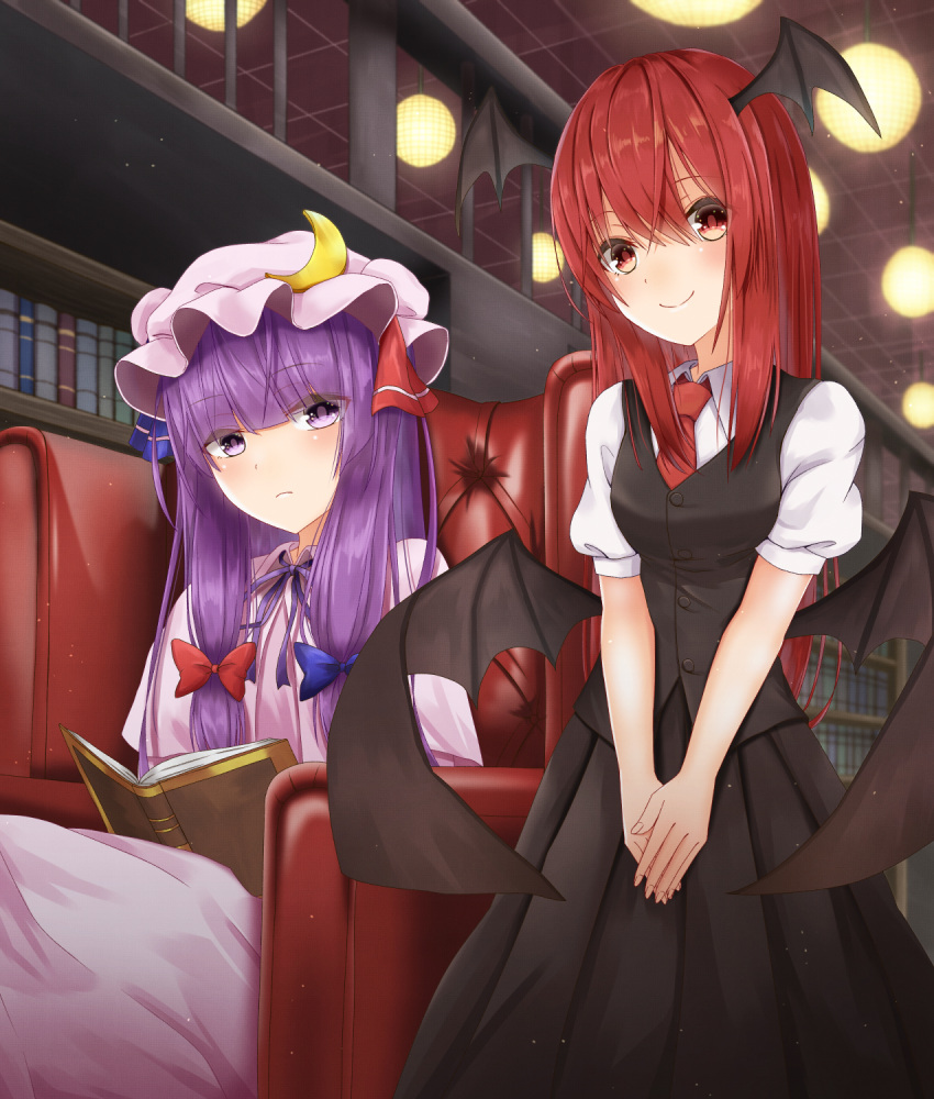 2girls armchair black_vest blue_bow blurry blush book bookshelf bow breasts buttons ceiling ceiling_light chair closed_mouth crescent crescent_moon crescent_moon_pin depth_of_field dress frown hair_between_eyes hair_bow hair_ornament hands_together hat hat_ornament head_wings highres holding holding_book koakuma library long_hair looking_at_viewer low_wings medium_breasts moon multiple_girls neck_ribbon necktie open_book patchouli_knowledge purple_dress purple_hair purple_neckwear railing reading red_bow red_eyes red_neckwear redhead ribbon santarou shirt short_sleeves sidelocks sitting skirt skirt_set smile standing touhou v_arms vest violet_eyes white_shirt wings