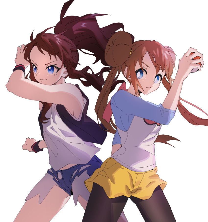 2girls ankea_(a-ramo-do) arm_up bangs bare_shoulders black_legwear black_vest blue_eyes blue_shorts breasts brown_hair closed_mouth cowboy_shot denim denim_shorts double_bun hair_tie happy highres holding holding_poke_ball legs_apart long_hair looking_at_another looking_to_the_side medium_breasts mei_(pokemon) multiple_girls open_mouth pantyhose poke_ball poke_ball_(generic) pokemon pokemon_(game) pokemon_bw pokemon_bw2 ponytail shiny shiny_hair shirt short_shorts shorts simple_background sleeveless sleeveless_shirt smile standing tied_hair touko_(pokemon) twintails vest white_background white_shirt wristband yellow_shorts