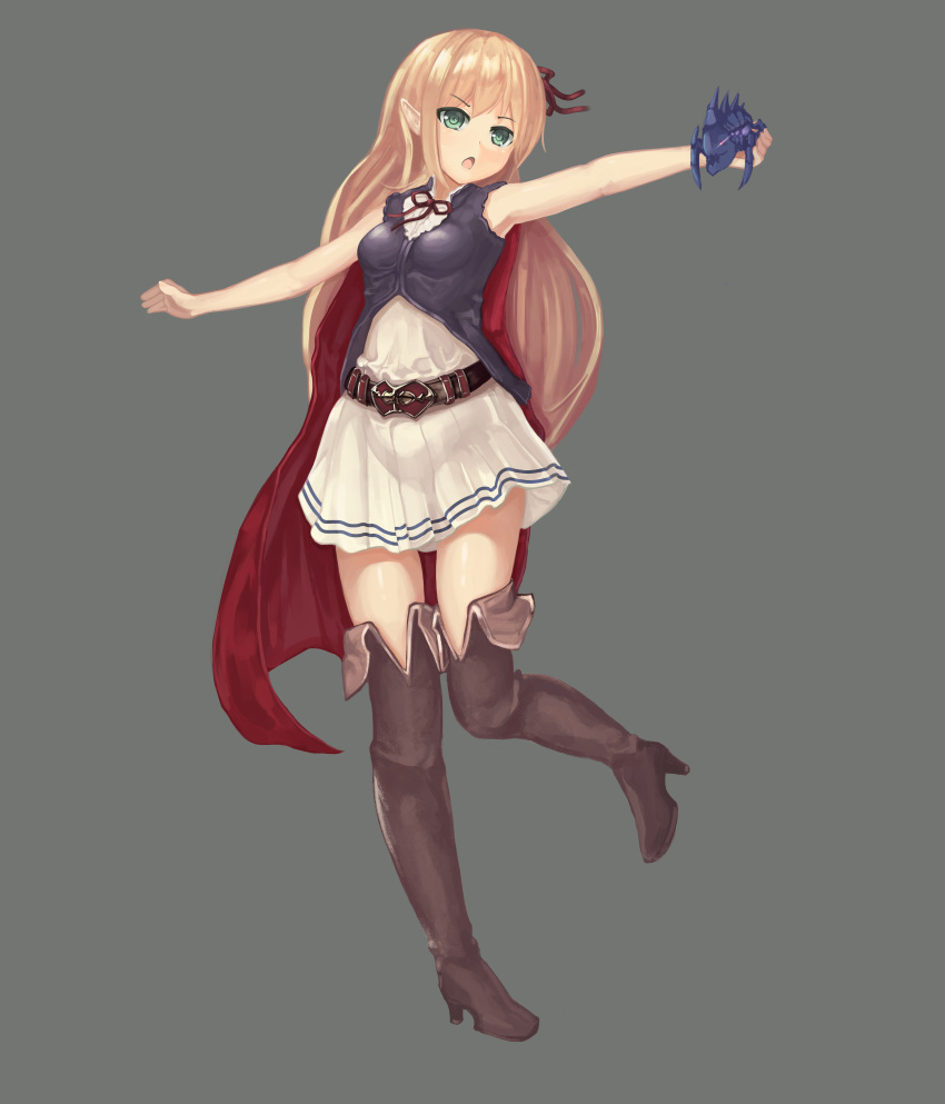 1girl 2drr absurdres arisa_(shadowverse) blonde_hair boots capelet cloak commentary_request grey_background highres long_hair outstretched_arms rhinoceroach shadowverse simple_background solo spread_arms standing standing_on_one_leg thigh-highs thigh_boots