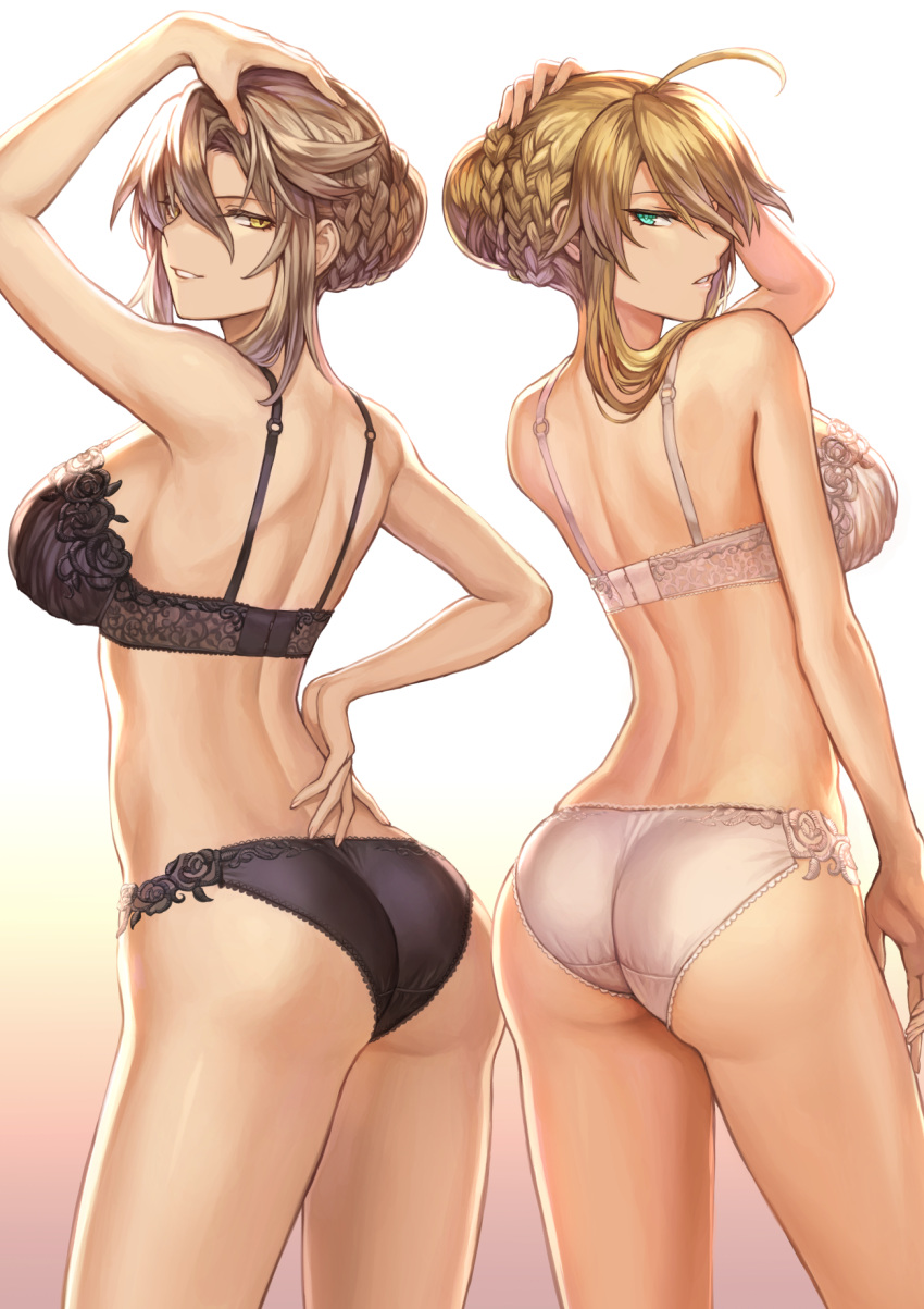 2girls ahoge arm_up artist_name artoria_pendragon_(all) artoria_pendragon_(lancer) artoria_pendragon_(lancer_alter) ass back back-to-back bangs bare_shoulders black_bra black_panties blonde_hair bra braid braided_bun breasts commentary_request cowboy_shot dual_persona eyebrows_visible_through_hair fate/grand_order fate_(series) french_braid gradient gradient_background green_eyes grin hair_between_eyes hair_bun hair_over_shoulder hand_on_hip hand_on_own_head highres hip_focus lace lace-trimmed_bra lace-trimmed_panties large_breasts lips long_hair looking_at_viewer looking_back mashu_003 multiple_girls panties parted_lips shoulder_blades sidelocks smile thighs underwear underwear_only white_background white_bra white_panties yellow_eyes