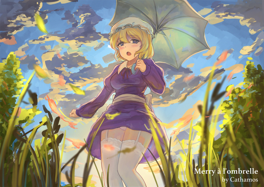 1girl arm_up artist_name bangs blonde_hair blue_sky blurry blush breasts cathamos chinese_commentary clouds commentary day depth_of_field dress french_text from_below garter_straps grass hat highres holding holding_umbrella juliet_sleeves long_sleeves looking_at_viewer maribel_hearn medium_breasts mob_cap open_mouth outdoors panties pantyshot pantyshot_(standing) petals pink_panties puffy_sleeves purple_dress short_hair sky solo standing sunset thigh-highs touhou translated tree twilight umbrella underwear violet_eyes white_legwear