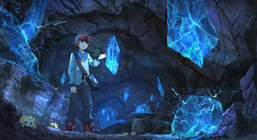 1boy bag baseball_cap black_pants black_shirt blue_eyes blue_jacket blue_sclera brown_eyes brown_hair cave chargestone_cave crystal electricity full_body hand_up hat highres jacket joltik jpeg_artifacts long_sleeves male_focus multiple_sources open_mouth pants pippi_(pixiv_1922055) poke_ball_symbol poke_ball_theme pokemon pokemon_(creature) pokemon_(game) pokemon_bw red_footwear red_headwear scenery shirt shoes short_hair solo_focus standing touya_(pokemon) zipper_pull_tab