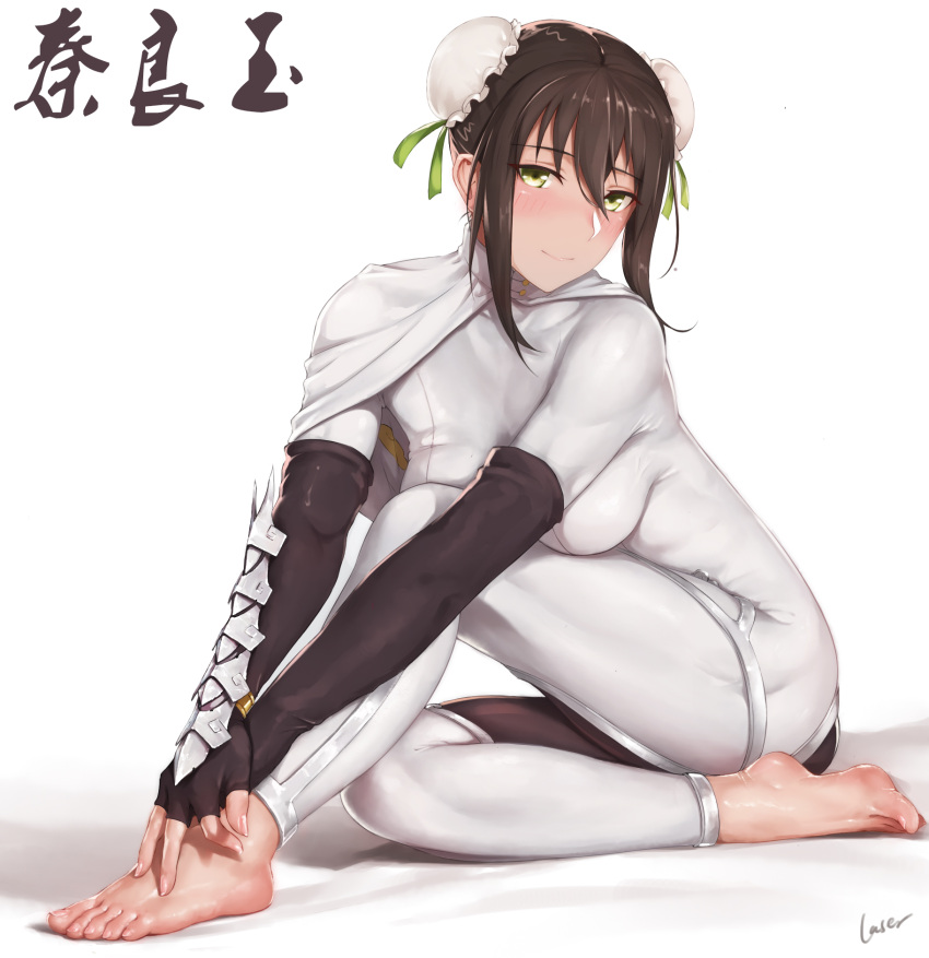 1girl bangs barefoot black_hair blush bodysuit breasts bun_cover capelet chinese_clothes closed_mouth commentary_request double_bun elbow_gloves eyebrows_visible_through_hair fate/grand_order fate_(series) feet fingerless_gloves gloves green_eyes green_ribbon hair_between_eyes hands_together highres leaning_forward legs looking_at_viewer medium_breasts qin_liangyu_(fate) ribbon rosaline sidelocks signature sitting smile solo