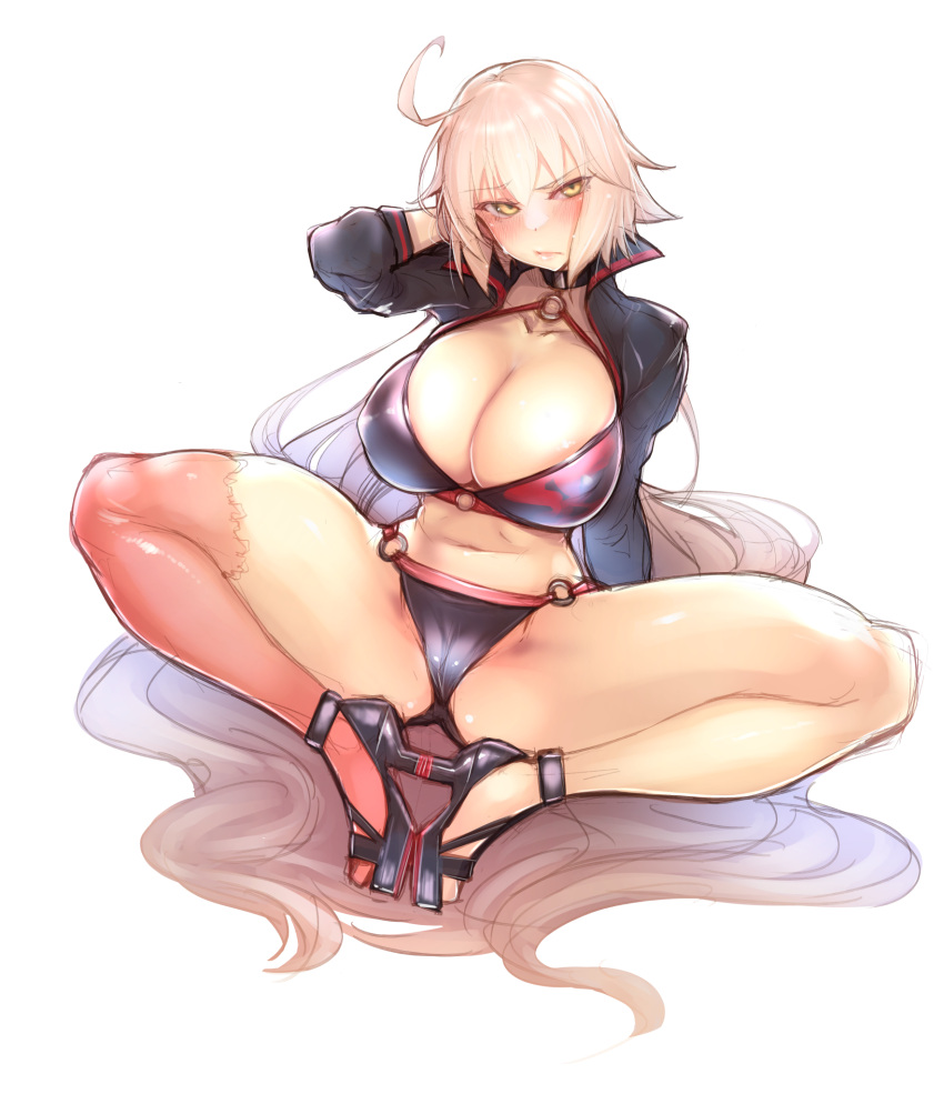 1girl ahoge bangs bikini black_bikini black_choker black_jacket blush breasts choker cropped_jacket fate/grand_order fate_(series) high_heels highres jacket jeanne_d'arc_(alter_swimsuit_berserker) jeanne_d'arc_(fate)_(all) kagami_uekusa large_breasts legs long_hair looking_at_viewer navel o-ring o-ring_bikini shrug_(clothing) silver_hair simple_background single_thighhigh sitting solo swimsuit thigh-highs thighs very_long_hair white_background yellow_eyes