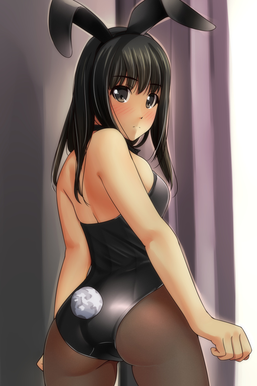 1girl absurdres animal_ears ass bangs bare_arms bare_shoulders black_choker black_hair black_hairband black_leotard blush breasts brown_eyes brown_legwear bunny_girl bunny_tail bunnysuit choker closed_mouth cowboy_shot eyebrows_visible_through_hair fake_animal_ears hair_between_eyes hairband highres leotard long_hair looking_at_viewer looking_back matsunaga_kouyou nose_blush original pantyhose rabbit_ears small_breasts solo standing strapless strapless_leotard tail