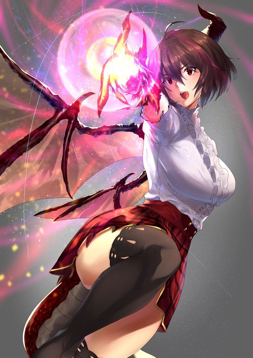 1girl absurdres ahoge black_legwear blush breasts brown_hair claws commentary cowboy_shot dragon_girl dragon_horns dragon_tail dragon_wings fangs fingernails frills fujitsubo_(hujitubo0731) granblue_fantasy grea_(shingeki_no_bahamut) hair_between_eyes highres horns huge_filesize large_breasts leg_up looking_at_viewer magic miniskirt open_mouth red_eyes sharp_fingernails shingeki_no_bahamut shirt short_hair skirt solo tail thigh-highs thighs white_shirt wings zettai_ryouiki