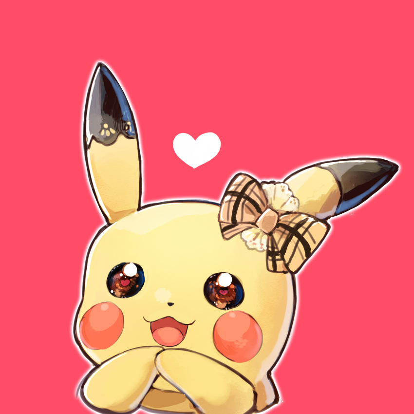 :3 blush_stickers bow gen_1_pokemon hair_bow hands_together hands_up happy heart heart-shaped_pupils highres ikeuchi_tanuma open_mouth orange_bow orange_eyes outline pikachu pokemon pokemon_(creature) red_background simple_background smile symbol-shaped_pupils white_outline