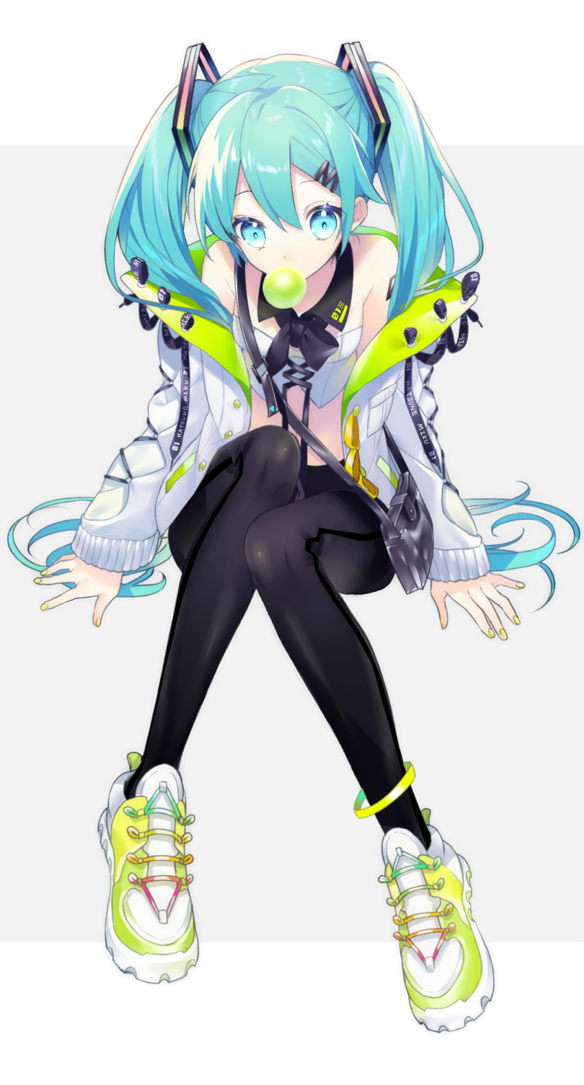 1girl bangs bare_shoulders black_pants blue_eyes blue_hair bubble_blowing character_name chewing_gum crop_top eyebrows_behind_hair fingernails full_body green_footwear grey_background hair_between_eyes hair_ornament hairclip hatsune_miku highres jacket long_hair long_sleeves off_shoulder open_clothes open_jacket pants shoes sitting sleeves_past_wrists sneakers sogawa solo two-tone_background very_long_hair vocaloid white_background white_jacket yellow_nails