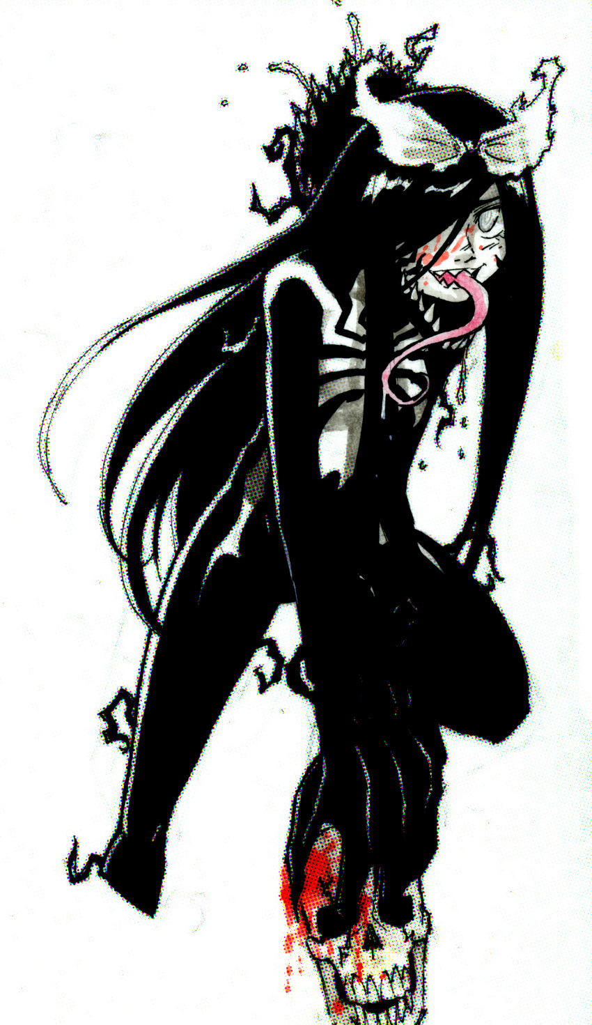1girl absurdres black_hair blood blood_on_face bloody_hands breasts commentary genderswap genderswap_(mtf) hair_between_eyes hair_ribbon highres humanization long_hair long_tongue looking_at_viewer marvel monster_girl personification pose ribbon ringed_eyes saliva sharp_teeth simple_background smile solo somersaultdropkick spider-man_(series) symbiote teeth tongue tongue_out venom_(marvel) very_long_hair white_background