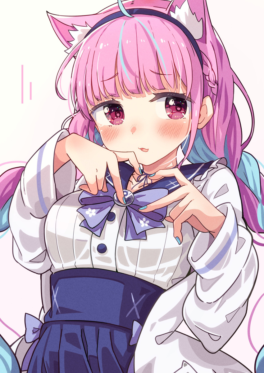 1girl absurdres ahoge anchor_symbol animal_ear_fluff animal_ears black_hairband blue_hair blue_nails blue_sailor_collar blue_skirt blush bow braid breasts cat_ears collarbone commentary_request frilled_sailor_collar frills hairband hands_up heart heart_hands highres hololive jacket long_hair long_sleeves medium_breasts minato_aqua multicolored_hair nail_polish okota_mikan open_clothes open_jacket parted_lips pink_background pink_hair pleated_skirt purple_bow sailor_collar school_uniform serafuku shirt skirt solo streaked_hair twin_braids twintails two-tone_hair very_long_hair virtual_youtuber white_background white_jacket white_shirt