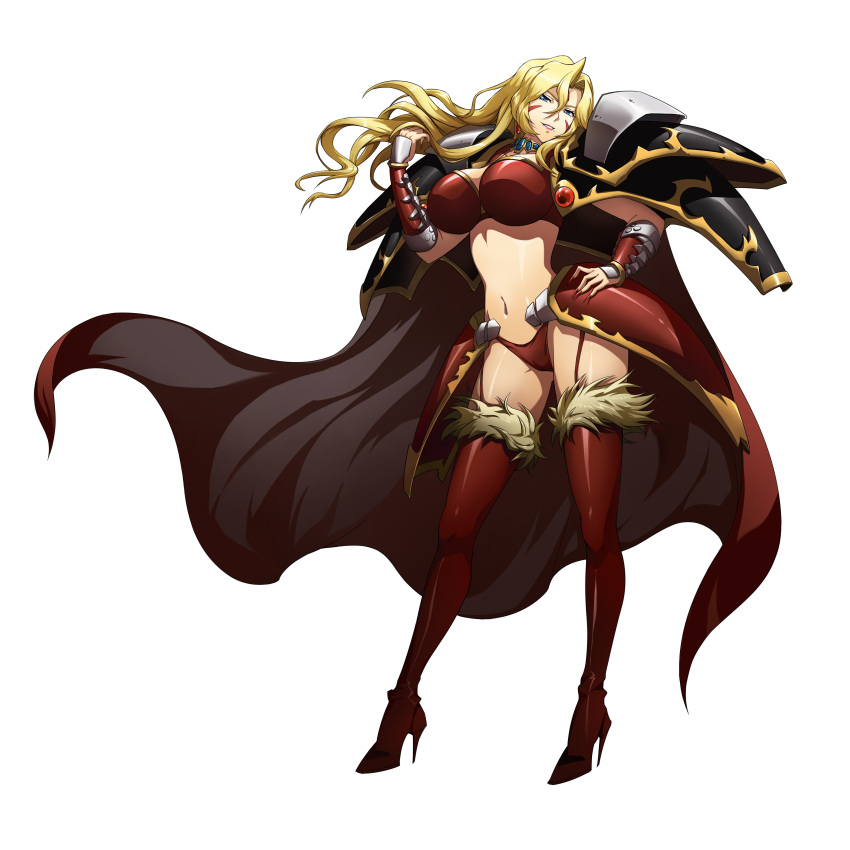 1girl absurdres blonde_hair blue_eyes boots bracer breasts cape earrings facial_mark fingernails fur_trim grin high_heels highres jewelry langrisser langrisser_ii large_breasts lipstick long_hair makeup mole mole_under_mouth necklace official_art pauldrons red_legwear simple_background smile solo thigh-highs thigh_boots white_background