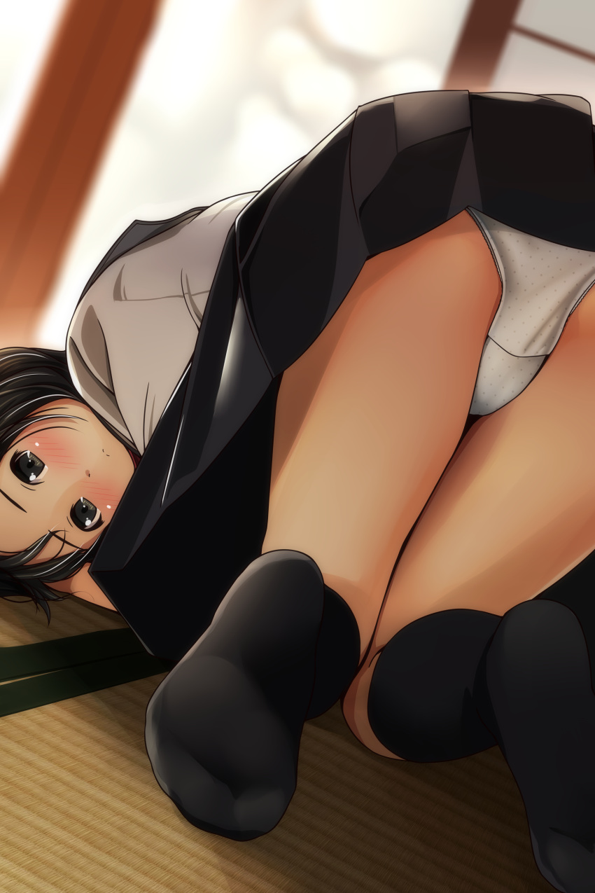 1girl absurdres ass black_hair black_legwear black_skirt blurry blurry_background blush brown_eyes closed_mouth depth_of_field dutch_angle feet highres indoors kneehighs looking_at_viewer matsunaga_kouyou no_shoes nose_blush original panties pleated_skirt polka_dot polka_dot_panties school_uniform serafuku shirt skirt soles solo tatami top-down_bottom-up underwear white_panties white_shirt