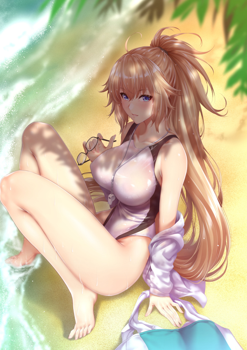 1girl absurdres arm_support bag bangs bare_legs bare_shoulders barefoot black-framed_eyewear blonde_hair blue_eyes blurry blurry_background breasts closed_mouth collarbone eyebrows_visible_through_hair fate/grand_order fate_(series) full_body glasses hair_between_eyes hand_up highleg highleg_swimsuit highres holding jacket jeanne_d'arc_(fate)_(all) jeanne_d'arc_(swimsuit_archer) large_breasts lips long_hair looking_at_viewer off_shoulder one-piece_swimsuit open_clothes open_jacket ponytail shadow shiny shiny_clothes shiny_skin shore sidelocks sitting smile solo swimsuit thighs toes very_long_hair water water_drop wet whistle white_background zucchini