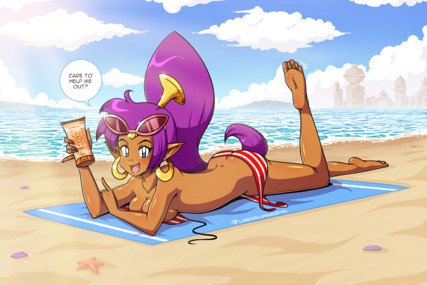 1girl 2018 :d ass barefoot beach bikini blue_eyes blush collarbone commentary dark_skin earrings english_commentary english_text eyewear_on_head feet foot_up holding hoop_earrings jewelry long_hair looking_at_viewer lotion luis_parada lying ocean on_stomach open_mouth pointy_ears purple_hair shantae_(character) shantae_(series) side-tie_bikini smile soles solo speech_bubble striped striped_bikini sunglasses sunscreen swimsuit twitter_username untied untied_bikini very_long_hair